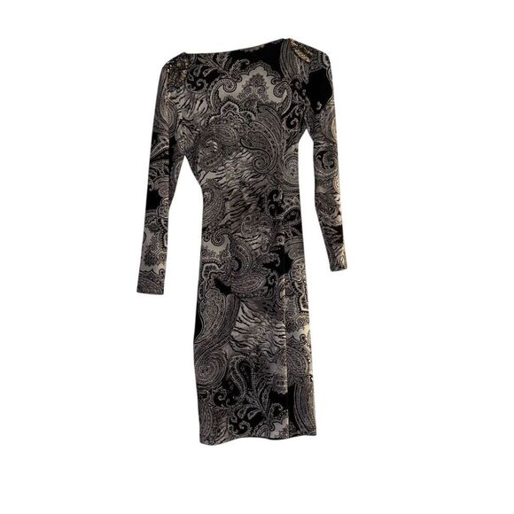 Cache‎ Women's M Black & White Paisley Faux Wrap Knee Length Dress Vintage - Picture 2 of 6